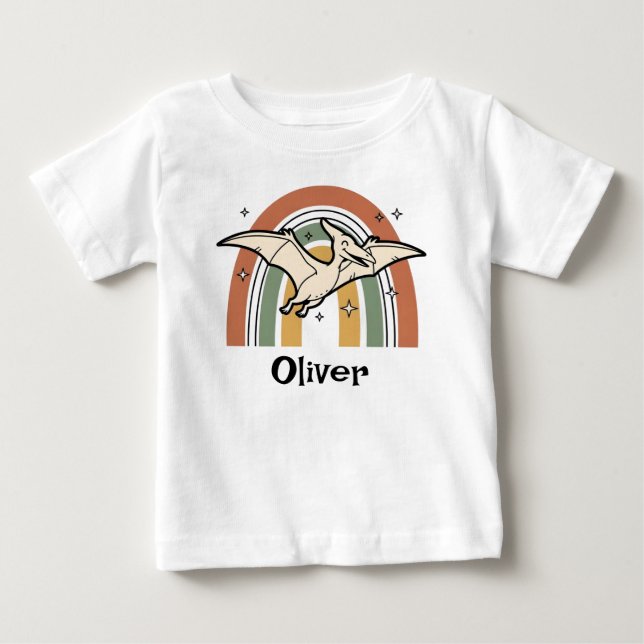 Camiseta Para Bebê Fofo Boho Tom Dinosauro Voador & Arco-íris (Frente)
