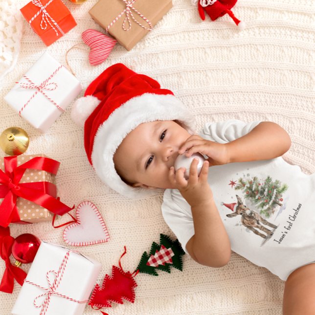 Camiseta Para Bebê fofo burro e árvore de natal, personalizável (Criador carregado)