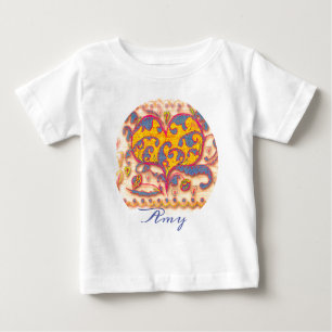 Camiseta Para Bebê Folk Art Heart com folhas, flores e nome