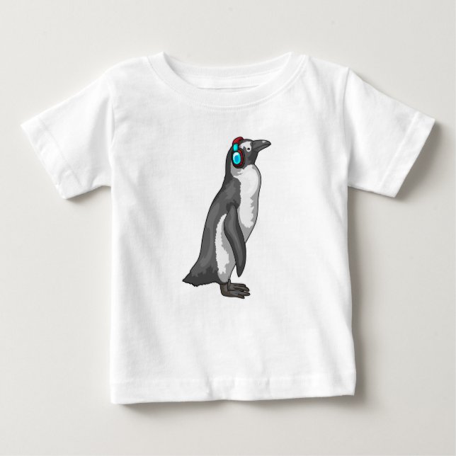 Camiseta Para Bebê Fone de ouvido para música pinguim (Frente)