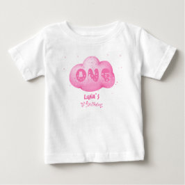 Camiseta Para Bebê Fonte de Gato Fofo Nuvem Rosa Aquarela 1º Aniversá