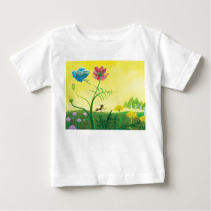 Camiseta Para Bebê Formiga e borboleta no prado de flores silvestres