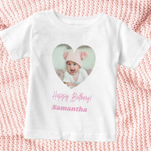 Camiseta Para Bebê Foto coração nome aniversário menina rosa