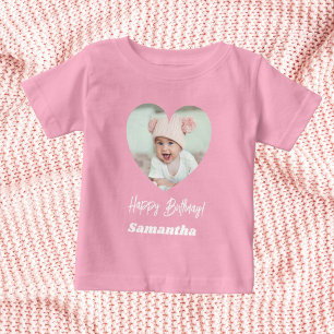 Camiseta Para Bebê Foto coração nome aniversário menina rosa