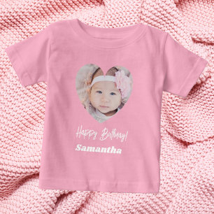 Camiseta Para Bebê Foto coração nome aniversário menina rosa