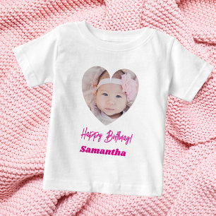 Camiseta Para Bebê Foto coração nome aniversário menina rosa