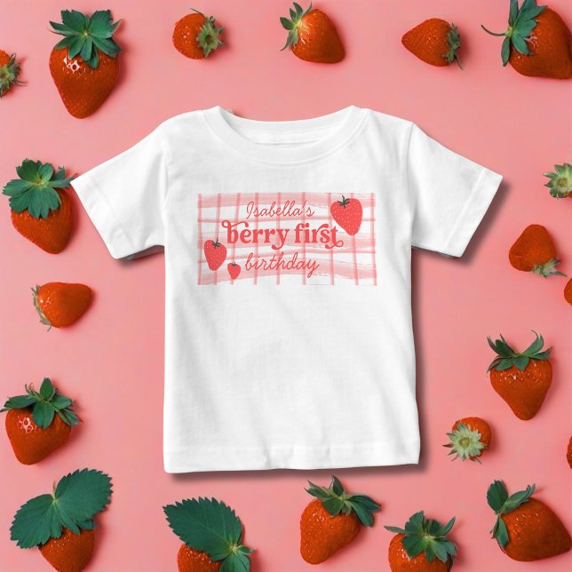 Camiseta Para Bebê Foto de 1º Aniversário da Berry First Morango (Criador carregado)