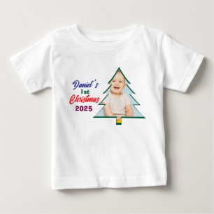 Camiseta Para Bebê Foto de Árvore Fofa Menino Bebê 1º Natal