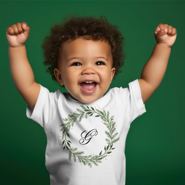 Camiseta Para Bebê Foto personalizada Monograma Pine Wreath Natal (Criador carregado)