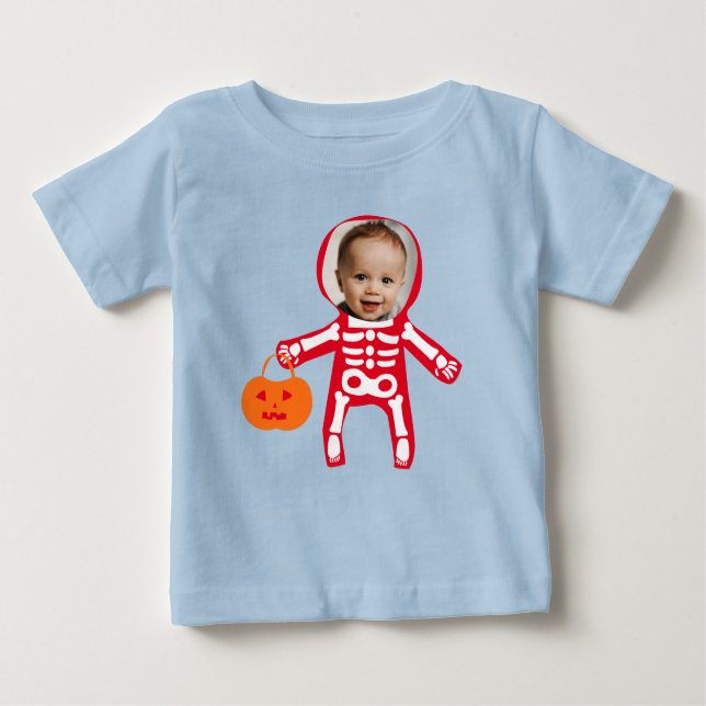 Camiseta Para Bebê Foto personalizada, truque de esqueleto do Hallowe (Frente)