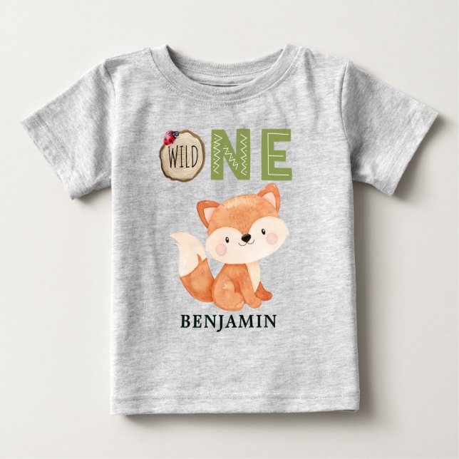 Camiseta Para Bebê Fox WILD ONE Woodland Personalizada Primeiro Anive (Frente)