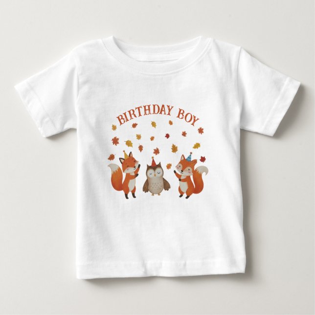 Camiseta Para Bebê Foxes and Owl Woodland Fall Birthday Party (Frente)
