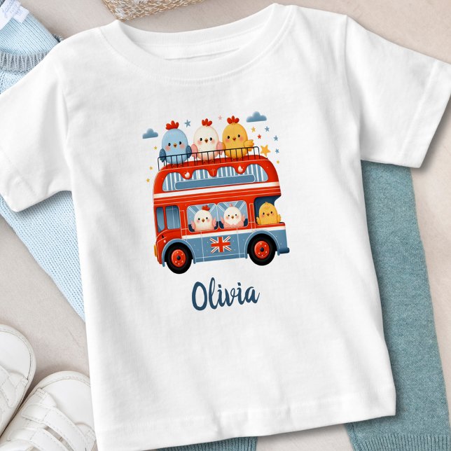Camiseta Para Bebê Frangos Fofos e Ônibus de Londres (Criador carregado)