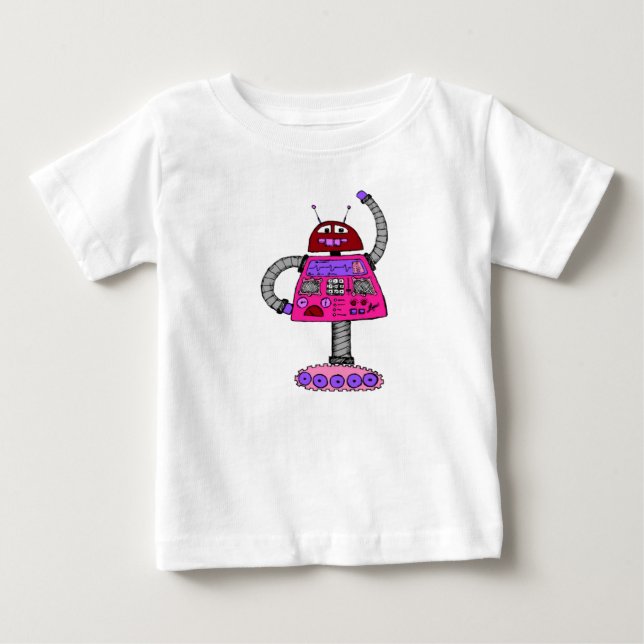 Camiseta Para Bebê Frankie Robot: Rosa em branco (Frente)