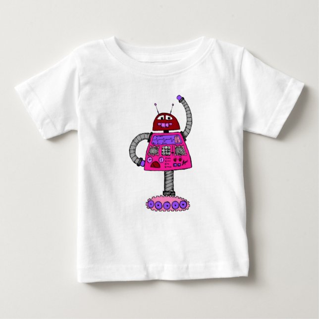 Camiseta Para Bebê Frankie Robot: Rosa em branco (Frente)