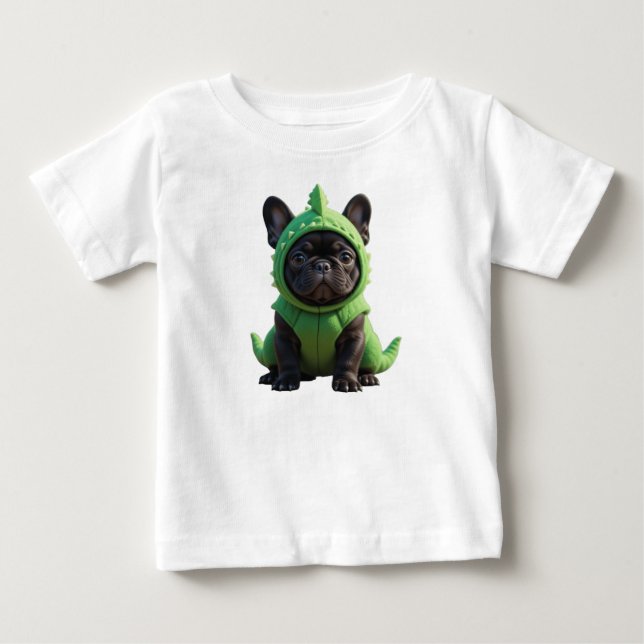Camiseta Para Bebê Frenchie Dinossauro Verde (Frente)