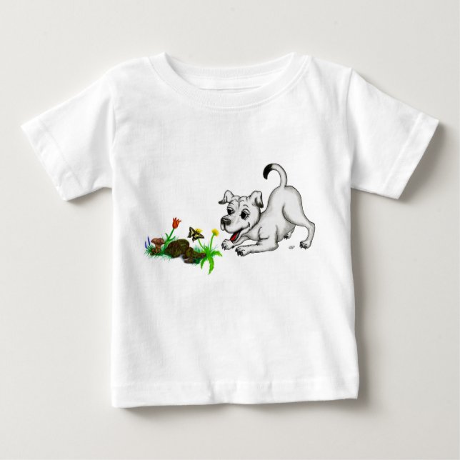 Camiseta Para Bebê Frühlingserwachen, Welpe mit Schmetterling (Frente)