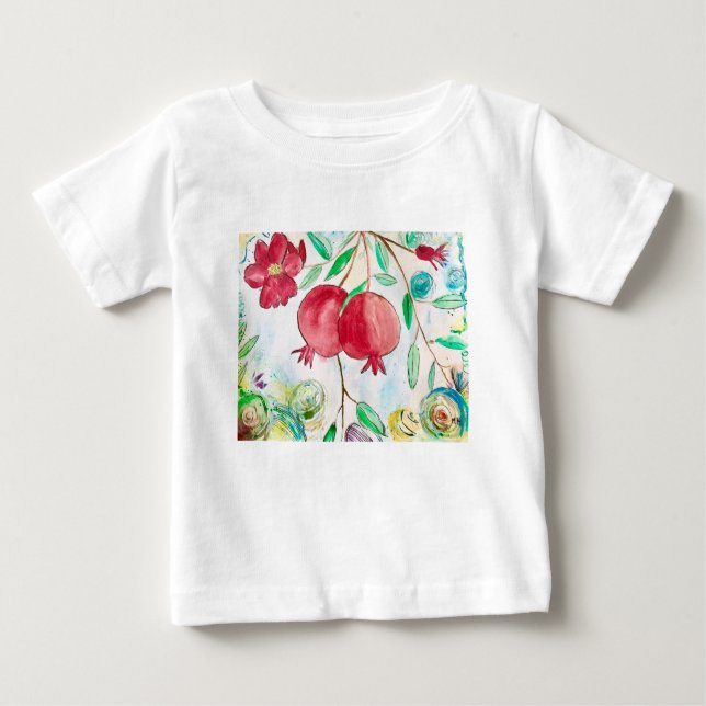 Camiseta Para Bebê Fruta de romã natureza arte aquarela vermelha (Frente)