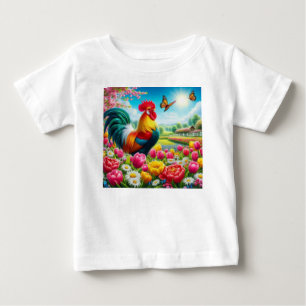 Camiseta Para Bebê Galo floral/primavera/trabalho de arte de galinha