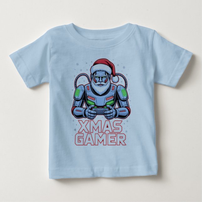 Camiseta Para Bebê Gamer Christmas Gifts Cyber Santa Robot Xmas Gamer (Frente)