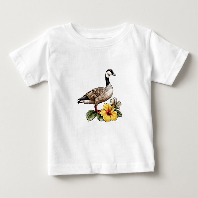 Camiseta Para Bebê Ganso Havaiano com Flor de Hibisco Amarelo (Frente)