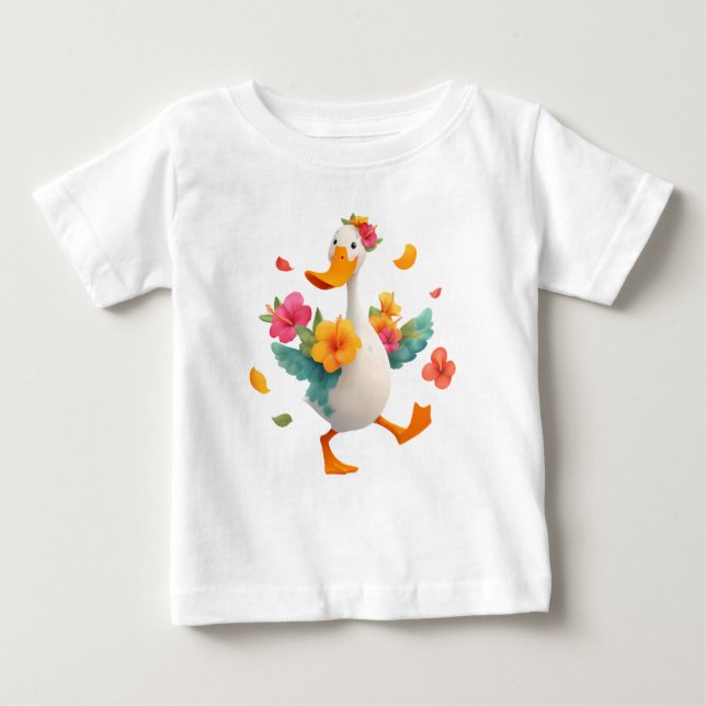 Camiseta Para Bebê Ganso Kawaii Dançando – Pato Fofo com Flores para  (Frente)