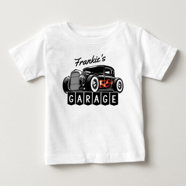 Camiseta Para Bebê Garagem de Hot Rod Personalizado com NOME em Chama (Frente)