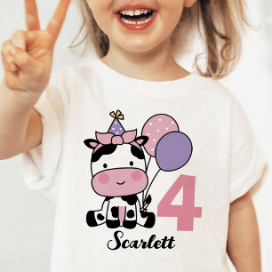 Camiseta Para Bebê Garota 4.º Aniversário, Vaca Fria e Fita Personali