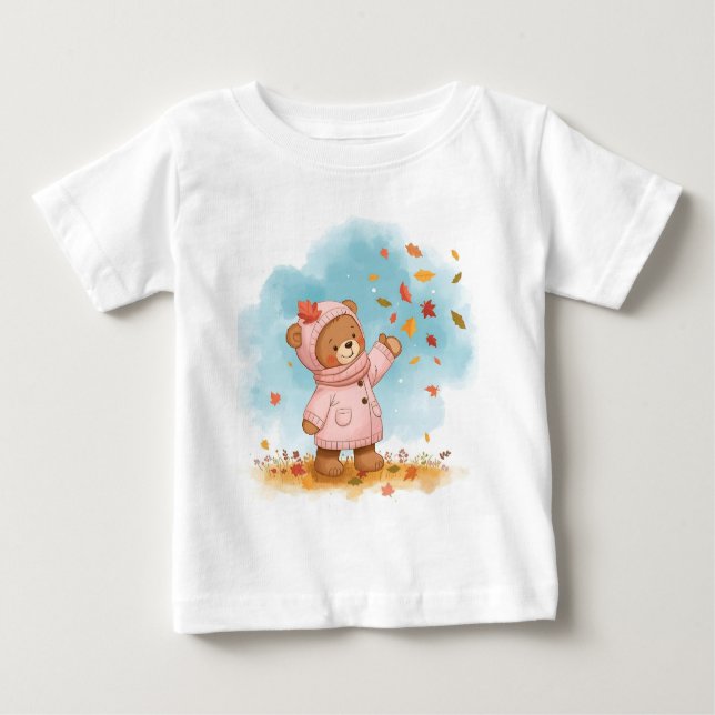 Camiseta Para Bebê Garota Adorável do Urso de Teddy Captando Folhas d (Frente)