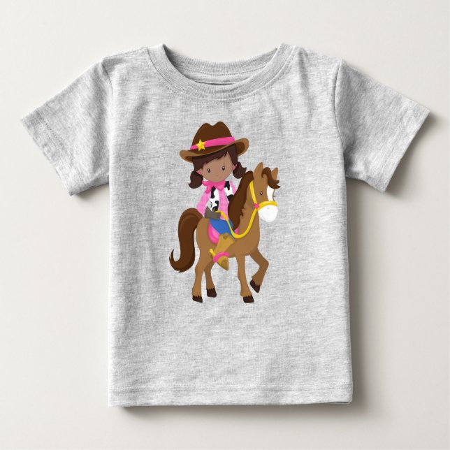 Camiseta Para Bebê Garota Afro-Americana, Vaqueira, Xerife, Cavalo (Frente)