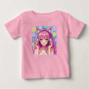 Camiseta Para Bebê Garota Anime Rosa Fofa com Fones de Ouvido  