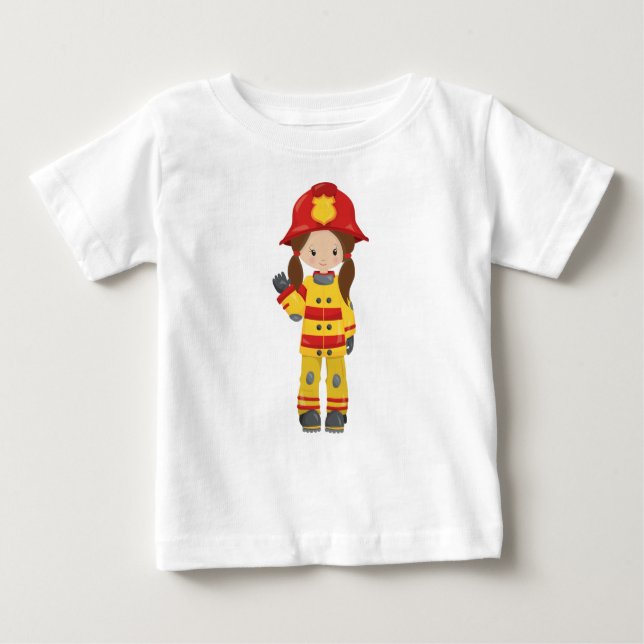 Camiseta Para Bebê Garota Bombeiro, Mulher Bombeira, Cabelo Castanho (Frente)