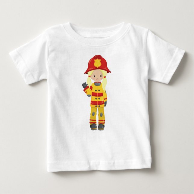 Camiseta Para Bebê Garota Bombeiro, Mulher Bombeira, Cabelo Loiro (Frente)