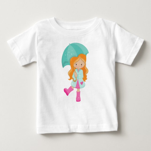 Camiseta Para Bebê Garota Com Guarda-Chuva, Garota Em Casaco De Chuva (Frente)