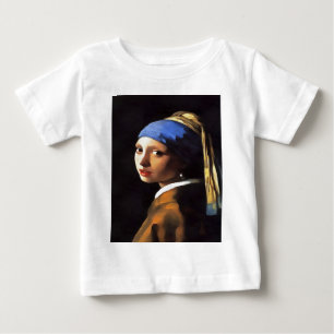 Camiseta Para Bebê Garota com pérolas ouvindo Johannes Vermeer