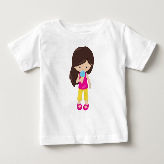 Camiseta Para Bebê Garota Com Sorvete, Cabelo Marrom, Garota Bonita (Frente)