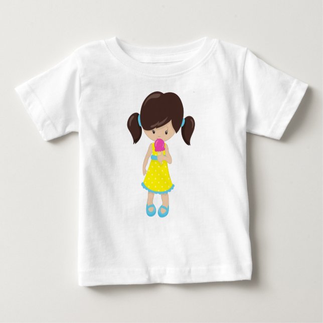 Camiseta Para Bebê Garota Com Sorvete, Garota Bonita, Cabelo Castanho (Frente)