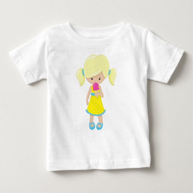 Camiseta Para Bebê Garota Com Sorvete, Garota Bonita, Cabelo Loiro (Frente)