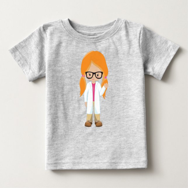 Camiseta Para Bebê Garota da Ciência, Cientista, Garota Bonita, Cabel (Frente)