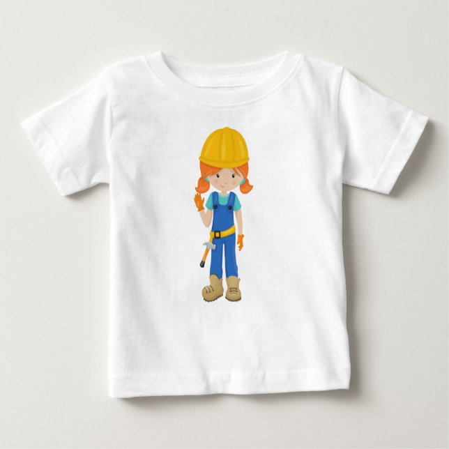 Camiseta Para Bebê Garota da Construção, Cabelo Laranja, Garota Bonit (Frente)