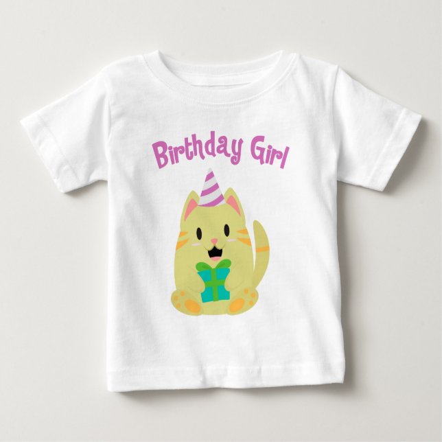 Camiseta Para Bebê Garota de Aniversário de Gato Amarelo Doce (Frente)