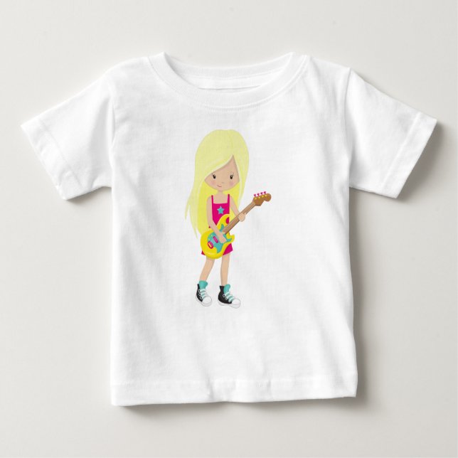 Camiseta Para Bebê Garota de Rock, Cabelo Loiro, Tocadora de Guitarra (Frente)