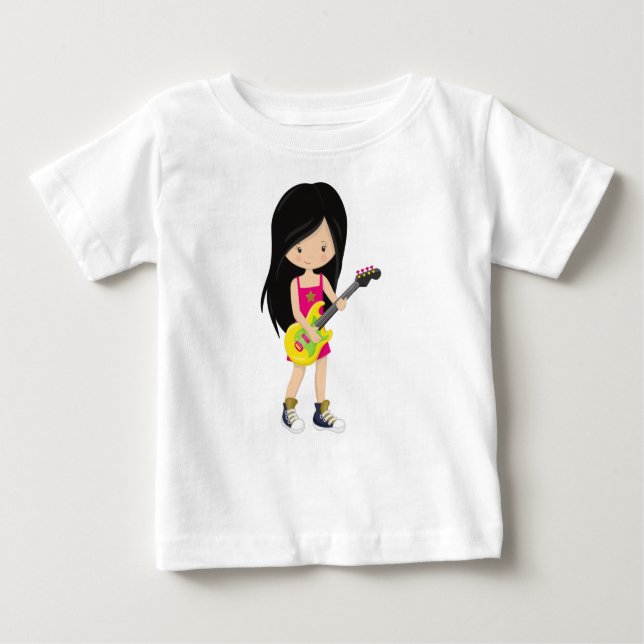 Camiseta Para Bebê Garota de Rock, Cabelo Preto, Banda, Música, Tocad (Frente)