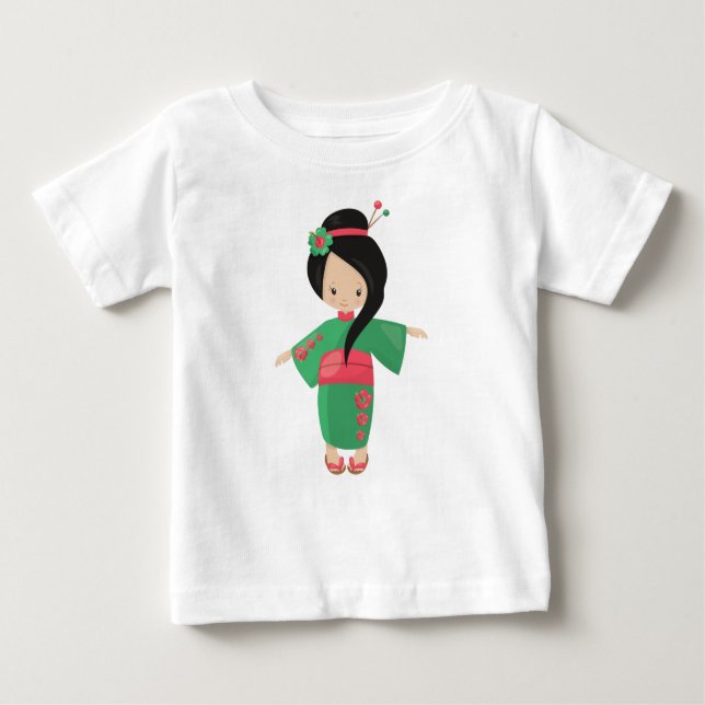 Camiseta Para Bebê Garota Japonesa, Japão, Garota Bonita, Kimono Verd (Frente)