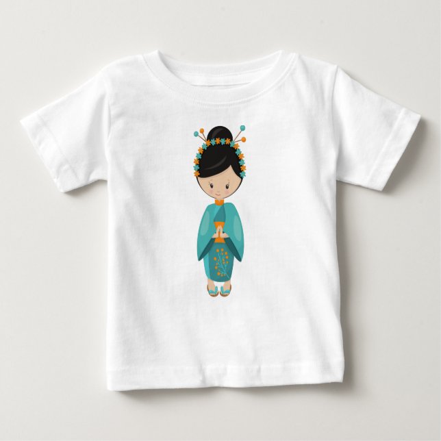 Camiseta Para Bebê Garota Japonesa, Japão, Garota Bonita, Quimono Azu (Frente)