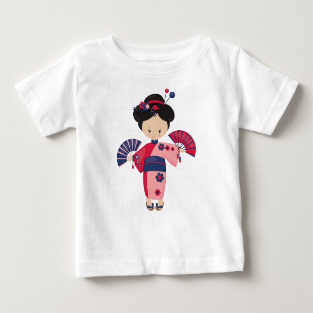 Camiseta Para Bebê Garota Japonesa, Japão, Garota Bonita, Quimono Ros (Frente)