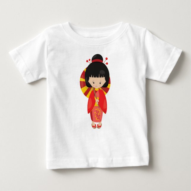 Camiseta Para Bebê Garota japonesa, japonesa bonita, Red Kimono (Frente)