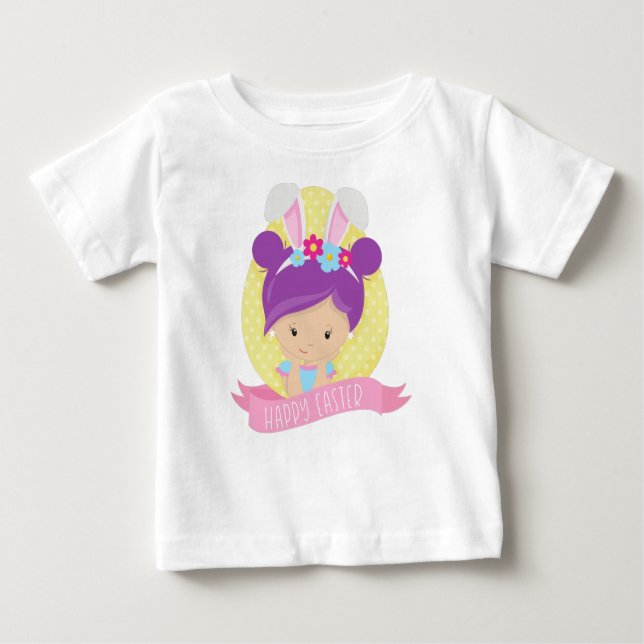 Camiseta Para Bebê Garota páscoa, Ovo De Páscoa, Cabelo Roxo, Ouvidos (Frente)