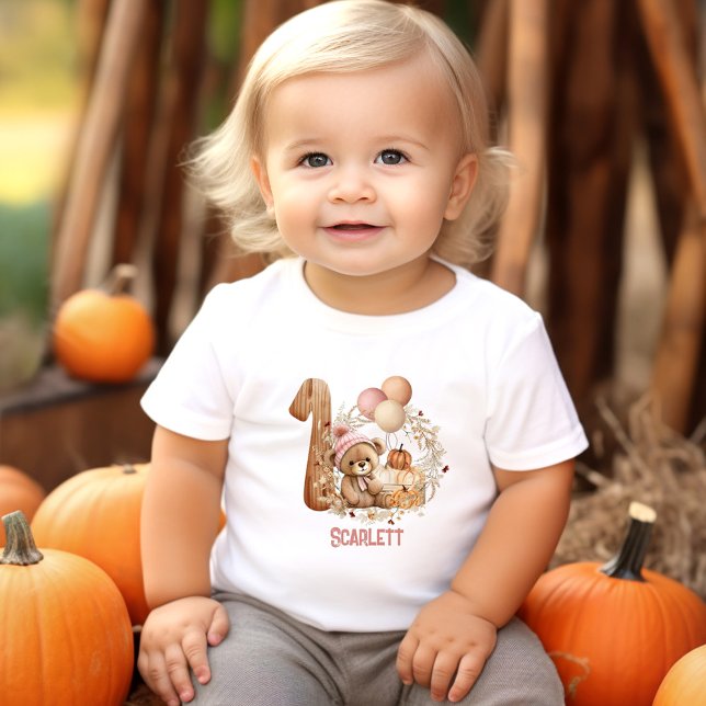 Camiseta Para Bebê Garota primeiro aniversario de Urso de Queda (Teddy Bear Fall Beary 1st Birthday Girl Baby T-Shirt)