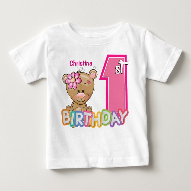 Camiseta Para Bebê Garota Primeiro Aniversário Urso de Teddy (Frente)